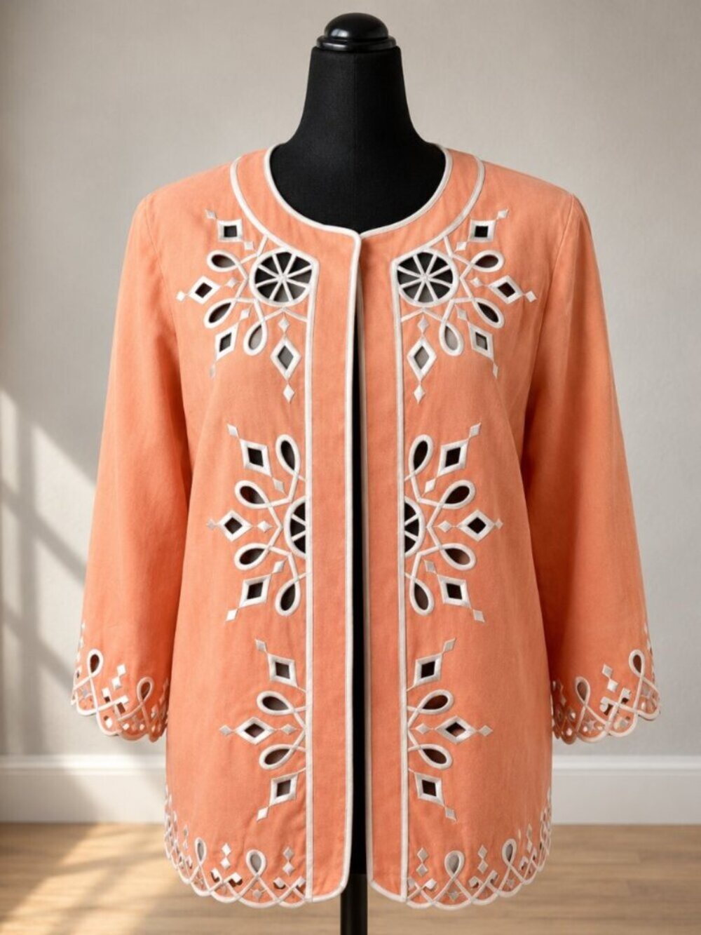 Bob Mackie Wearable Art Linen Open Front Jacket XL Peach Y2K Cut Out